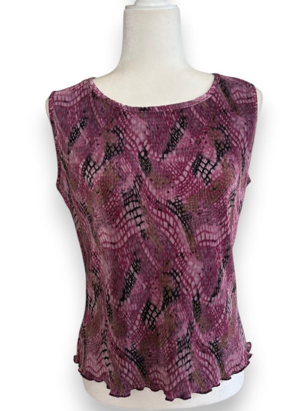 J.T.B. Y2K Purple Plisse Floral Print Tank Top Lettuce Hem Size Large